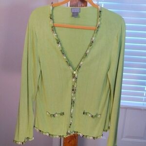Sigrid Olsen Green 70% Silk Blend Knit Sweater Thread Fringes Trimmed Size XL